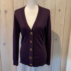 Purple Tory Burch wool cardigan.